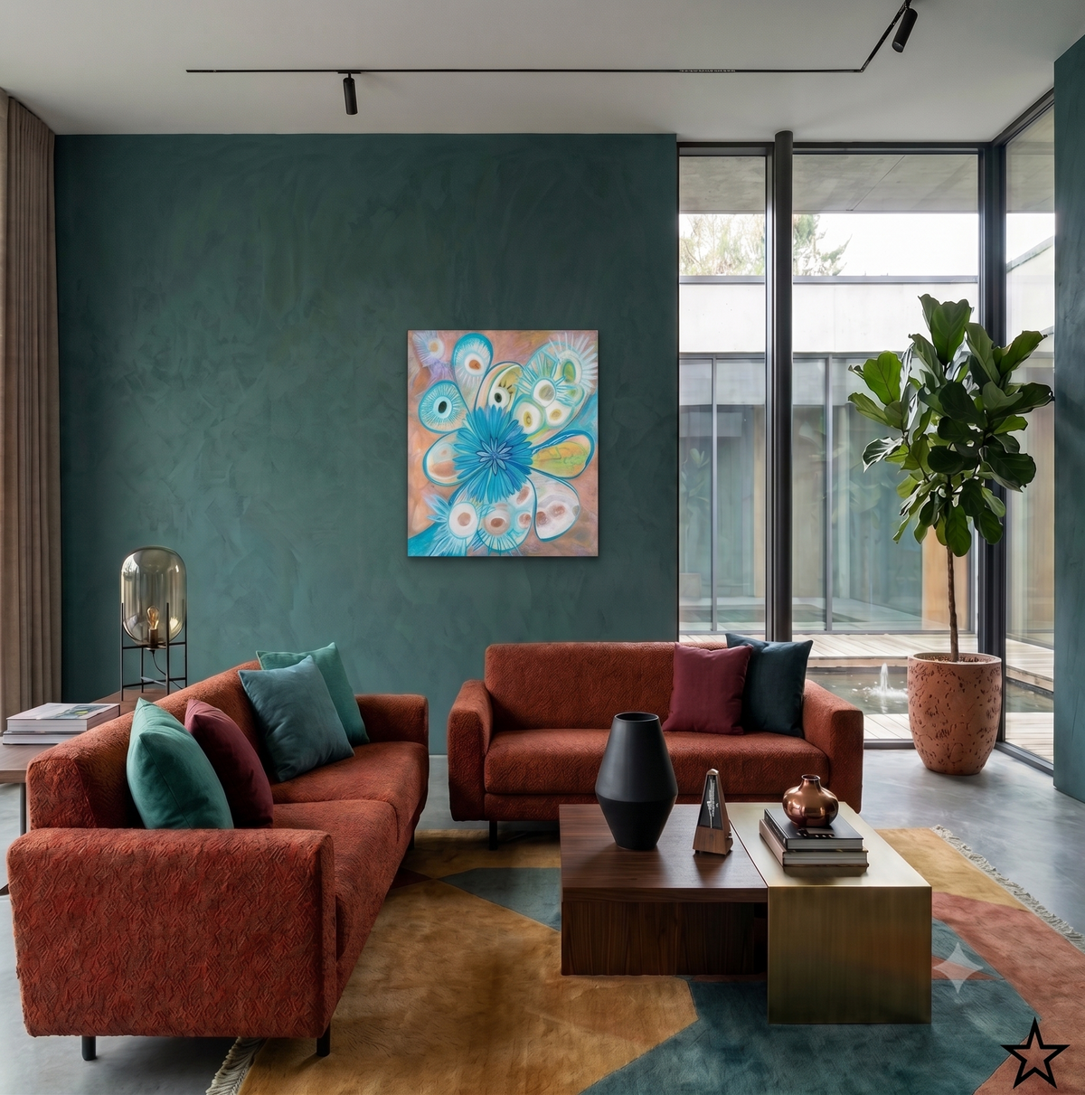 Exploring Life abstract floral artwork featuring vibrant turquoise petals, organic botanical forms, and soft pastel tones, displayed as contemporary wall art in a modern living room.