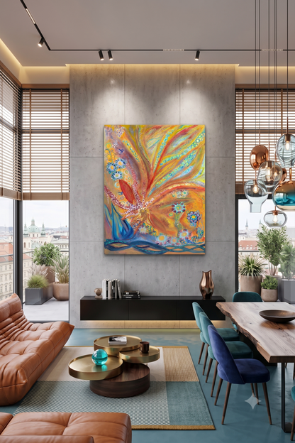 Fairie Flowers abstract floral artwork featuring vibrant golden, orange, turquoise, and blue botanical forms, decorative flower motifs, and flowing organic patterns, displayed as contemporary wall art in a modern living room.