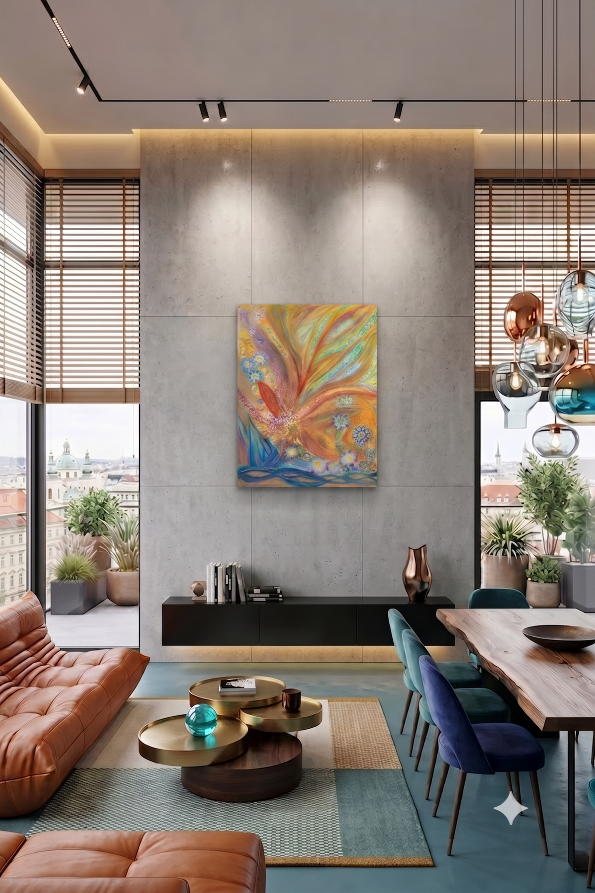Fairie Flowers abstract floral artwork featuring vibrant golden, orange, turquoise, and blue botanical forms, decorative flower motifs, and flowing organic patterns, displayed as contemporary wall art in a modern living room.
