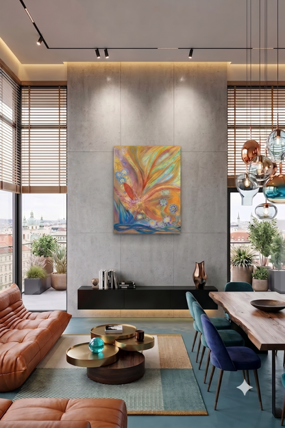 Fairie Flowers abstract floral artwork featuring vibrant golden, orange, turquoise, and blue botanical forms, decorative flower motifs, and flowing organic patterns, displayed as contemporary wall art in a modern living room.