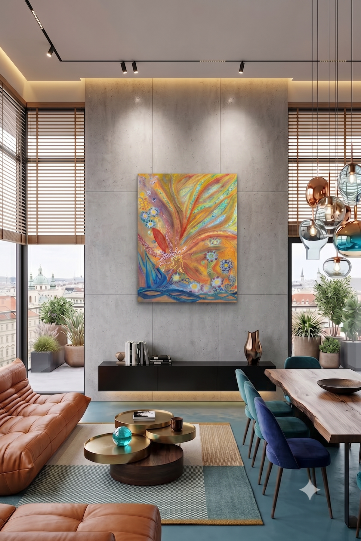 Fairie Flowers abstract floral artwork featuring vibrant golden, orange, turquoise, and blue botanical forms, decorative flower motifs, and flowing organic patterns, displayed as contemporary wall art in a modern living room.