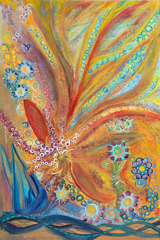 Fairie Flowers abstract floral artwork featuring vibrant golden, orange, turquoise, and blue botanical forms, decorative flower motifs, and flowing organic patterns in a colorful fantasy-inspired composition.