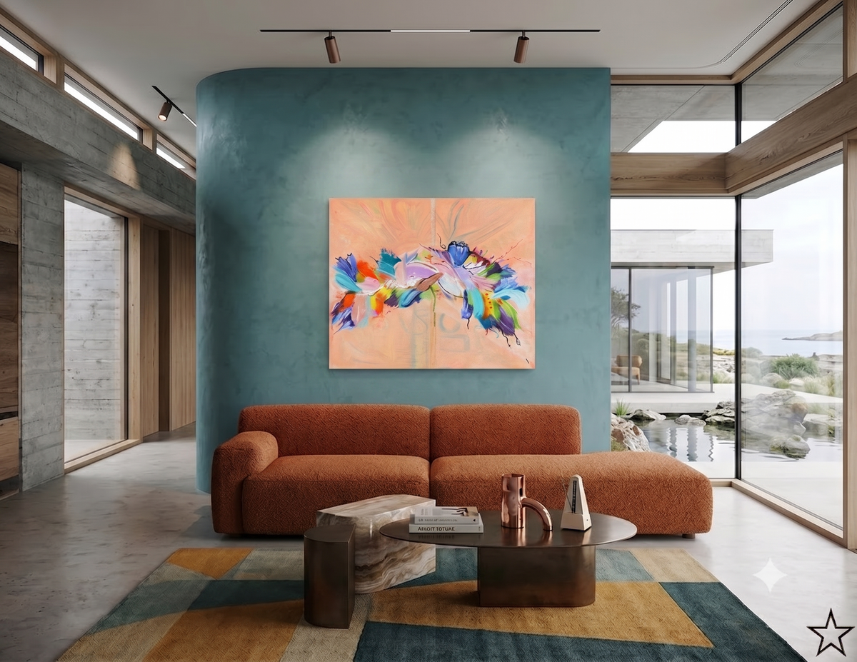 Fantasy Fish abstract marine artwork featuring colorful fish-inspired forms, flowing organic shapes, and vibrant blue, turquoise, pink, orange, and purple tones, displayed as contemporary wall art in a modern living room.