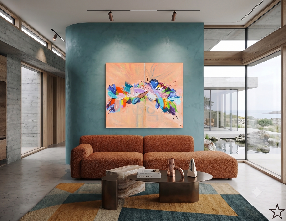 Fantasy Fish abstract marine artwork featuring colorful fish-inspired forms, flowing organic shapes, and vibrant blue, turquoise, pink, orange, and purple tones, displayed as contemporary wall art in a modern living room.