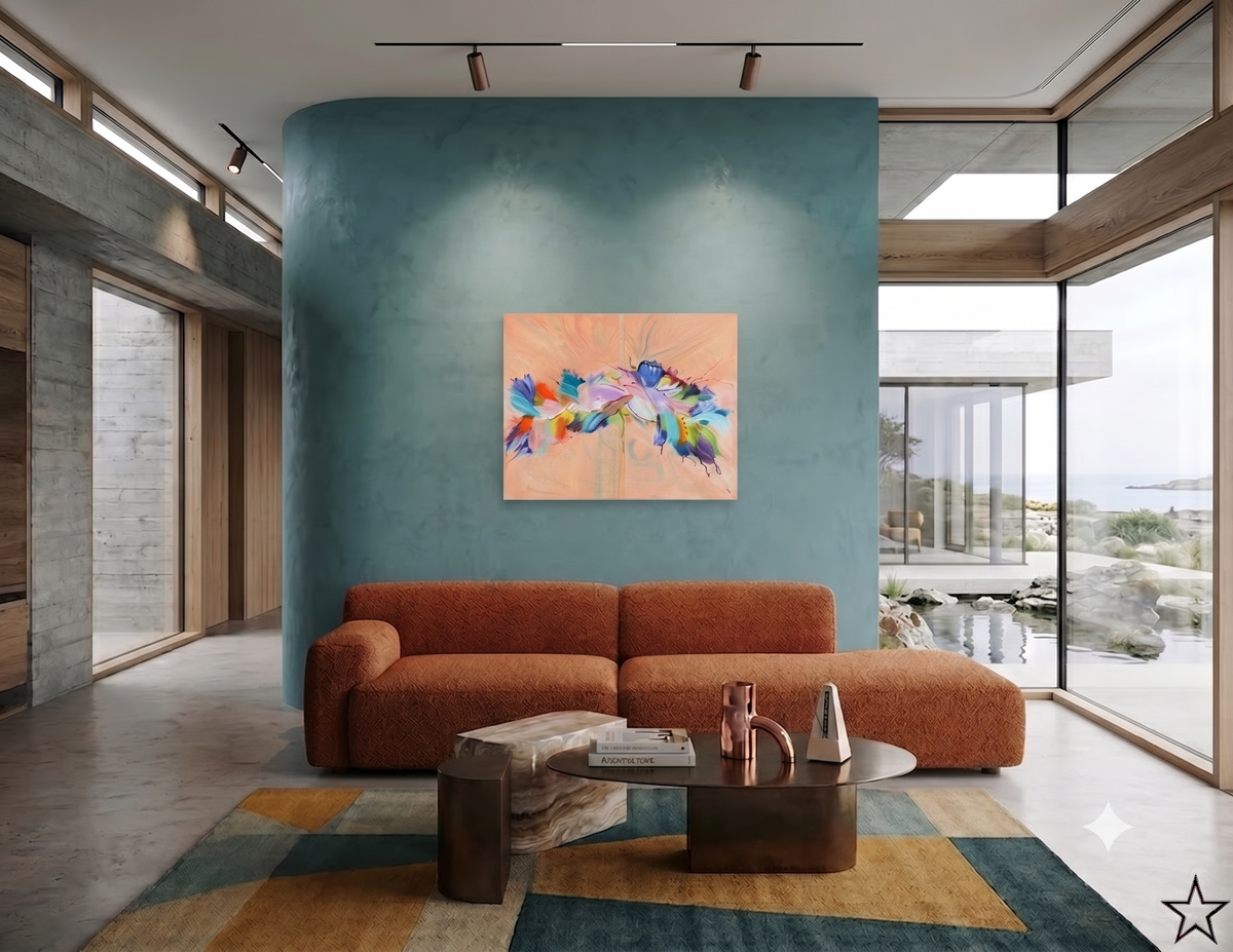 Fantasy Fish abstract marine artwork featuring colorful fish-inspired forms, flowing organic shapes, and vibrant blue, turquoise, pink, orange, and purple tones, displayed as contemporary wall art in a modern living room.
