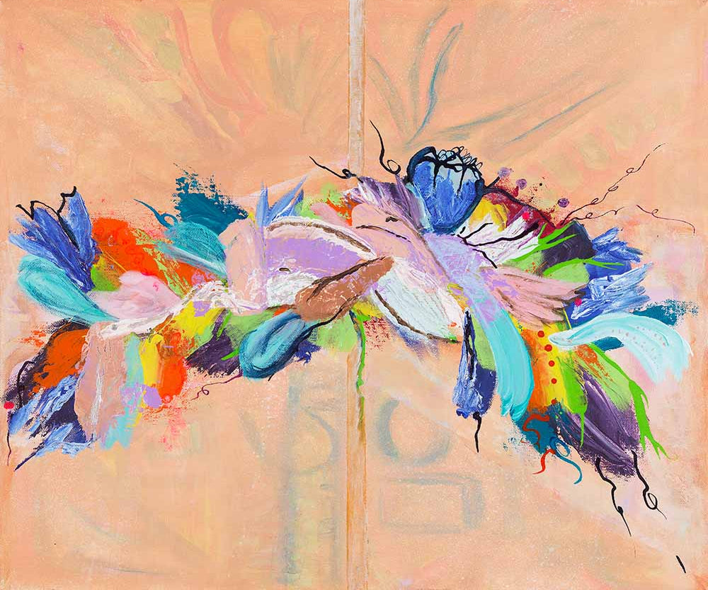 Fantasy Fish abstract marine artwork featuring vibrant fish-inspired forms, flowing organic shapes, and colorful blue, turquoise, pink, orange, and purple tones in a contemporary ocean-inspired composition.
