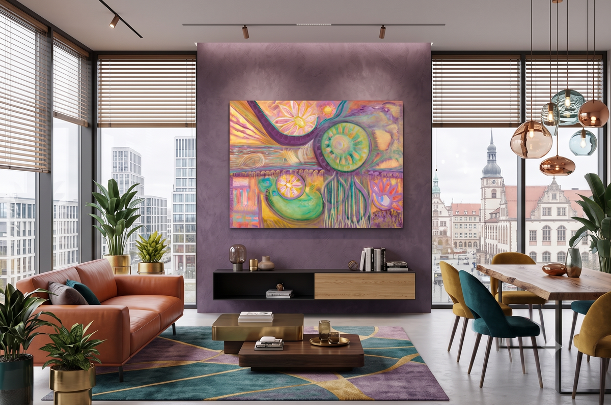 Feast abstract symbolic artwork featuring radiant circular forms, flowing purple and turquoise lines, floral motifs, and warm golden tones, displayed as contemporary wall art in a modern living room.