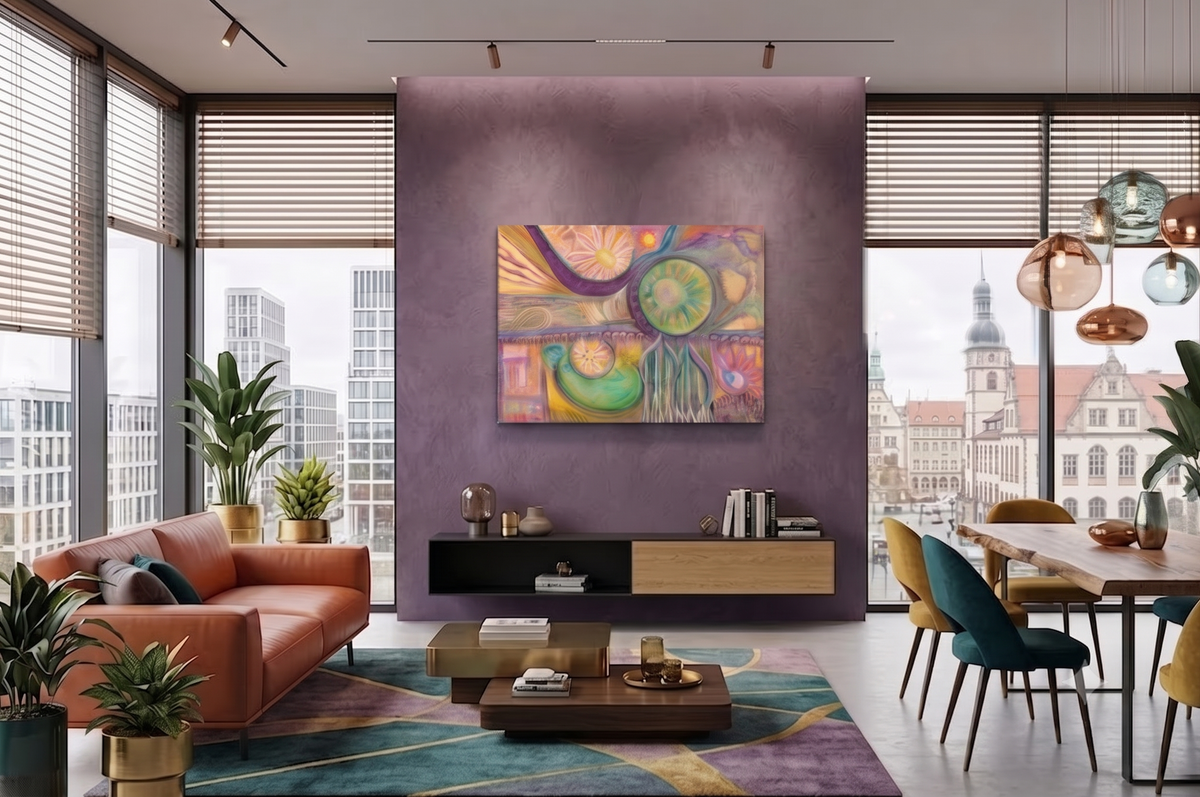Feast abstract symbolic artwork featuring radiant circular forms, flowing purple and turquoise lines, floral motifs, and warm golden tones, displayed as contemporary wall art in a modern living room.