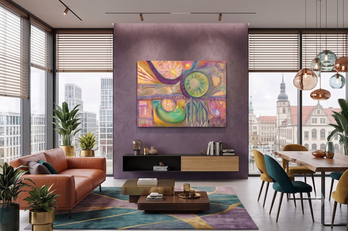 Feast abstract symbolic artwork featuring radiant circular forms, flowing purple and turquoise lines, floral motifs, and warm golden tones, displayed as contemporary wall art in a modern living room.