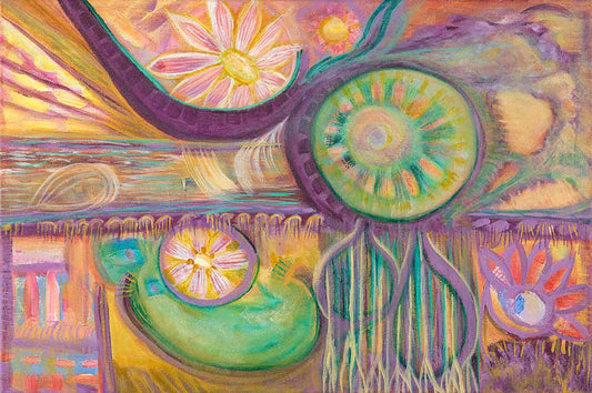 Feast abstract symbolic artwork featuring radiant circular forms, flowing purple and turquoise lines, floral motifs, and warm golden tones in a vibrant contemporary composition inspired by abundance, nature, and connection.
