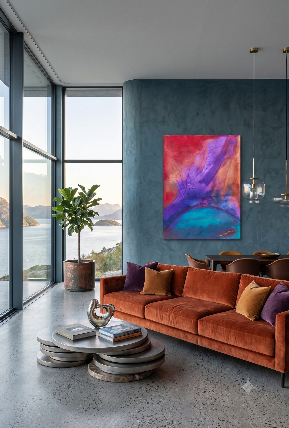 Glory abstract expressionist artwork featuring flowing purple, magenta, turquoise, and blue tones with layered textures and organic forms, displayed as contemporary wall art in a modern living room.