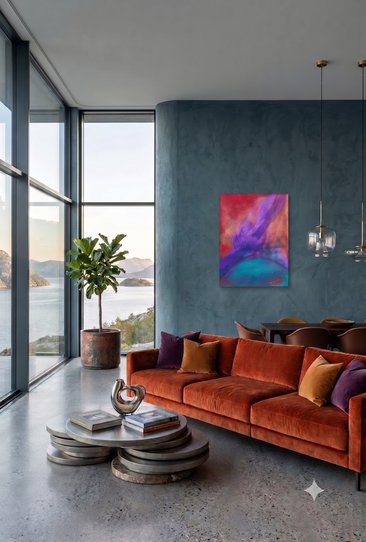 Glory abstract expressionist artwork featuring flowing purple, magenta, turquoise, and blue tones with layered textures and organic forms, displayed as contemporary wall art in a modern living room.