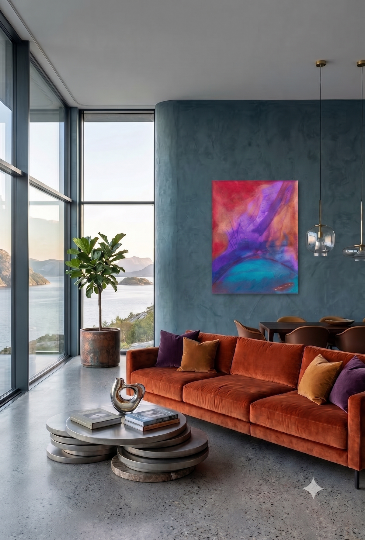 Glory abstract expressionist artwork featuring flowing purple, magenta, turquoise, and blue tones with layered textures and organic forms, displayed as contemporary wall art in a modern living room.