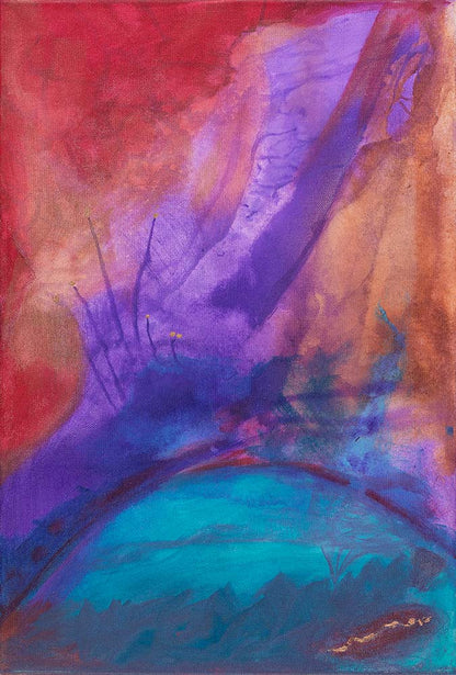 Glory abstract expressionist artwork featuring flowing purple, magenta, turquoise, and blue tones with layered textures and organic forms in a vibrant contemporary composition.