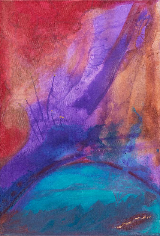 Glory abstract expressionist artwork featuring flowing purple, magenta, turquoise, and blue tones with layered textures and organic forms in a vibrant contemporary composition.