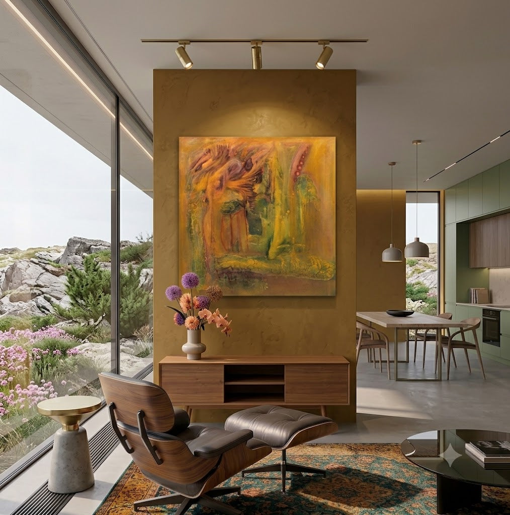 Golden Fiction 80 abstract symbolic artwork featuring warm golden, ochre, and amber tones with textured organic forms and layered abstract elements, displayed as contemporary wall art in a modern living room.
