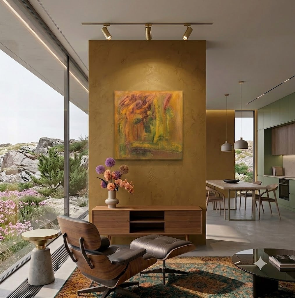 Golden Fiction 80 abstract symbolic artwork featuring warm golden, ochre, and amber tones with textured organic forms and layered abstract elements, displayed as contemporary wall art in a modern living room.
