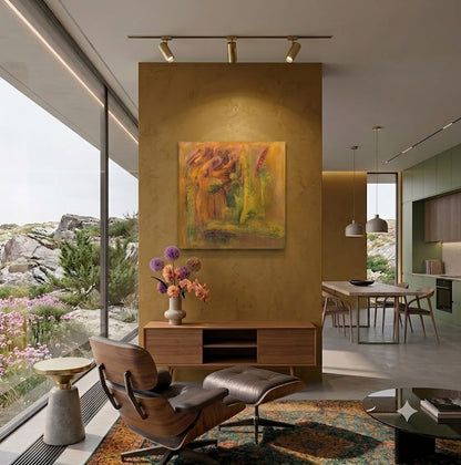 Golden Fiction 80 abstract symbolic artwork featuring warm golden, ochre, and amber tones with textured organic forms and layered abstract elements, displayed as contemporary wall art in a modern living room.
