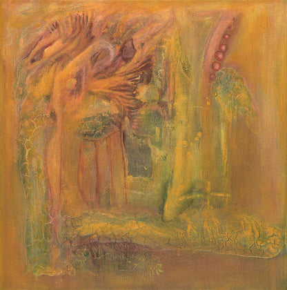 Golden Fiction 80 abstract symbolic artwork featuring warm golden, ochre, and amber tones with textured organic forms, layered abstract elements, and a dreamlike contemporary composition.