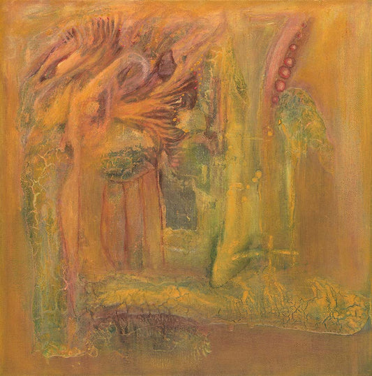 Golden Fiction 80 abstract symbolic artwork featuring warm golden, ochre, and amber tones with textured organic forms, layered abstract elements, and a dreamlike contemporary composition.