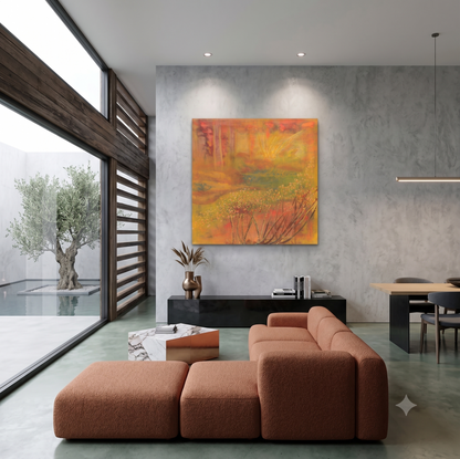 Golden Fiction 81 is a contemporary abstract artwork inspired by nature, featuring delicate botanical forms, layered textures, and warm golden, amber, coral, and green hues. The atmospheric composition evokes a sunlit landscape and creates a welcoming focal point in a modern interior.