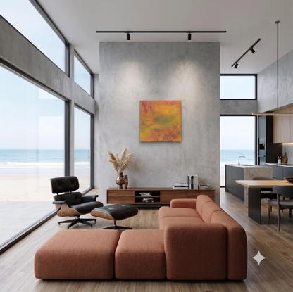 Golden Fiction 81 abstract botanical artwork featuring delicate wildflower-like forms, warm golden, amber, coral, and green tones, displayed as contemporary wall art in a modern living room with ocean views.