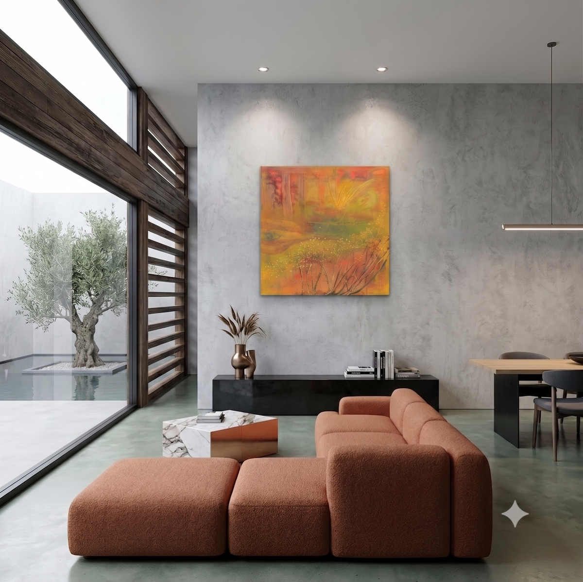 Golden Fiction 81 abstract botanical artwork featuring delicate wildflower-like forms, warm golden, amber, coral, and green tones, displayed as contemporary wall art in a modern living room.