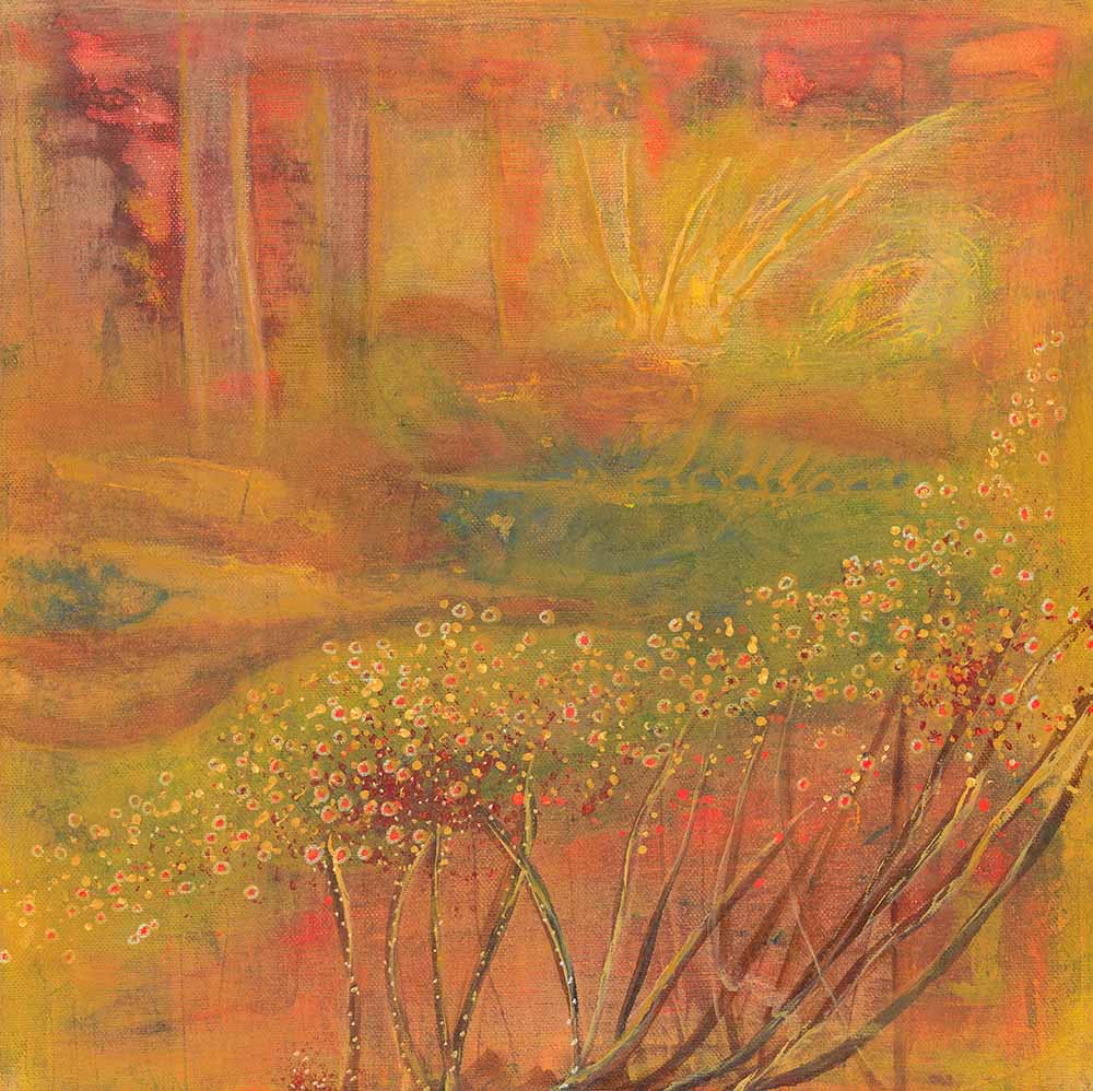 Golden Fiction 81 abstract botanical artwork featuring delicate wildflower-like forms, warm golden, amber, and coral tones, and layered organic textures in a contemporary nature-inspired composition.