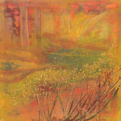 Golden Fiction 81 abstract botanical artwork featuring delicate wildflower-like forms, warm golden, amber, and coral tones, and layered organic textures in a contemporary nature-inspired composition.