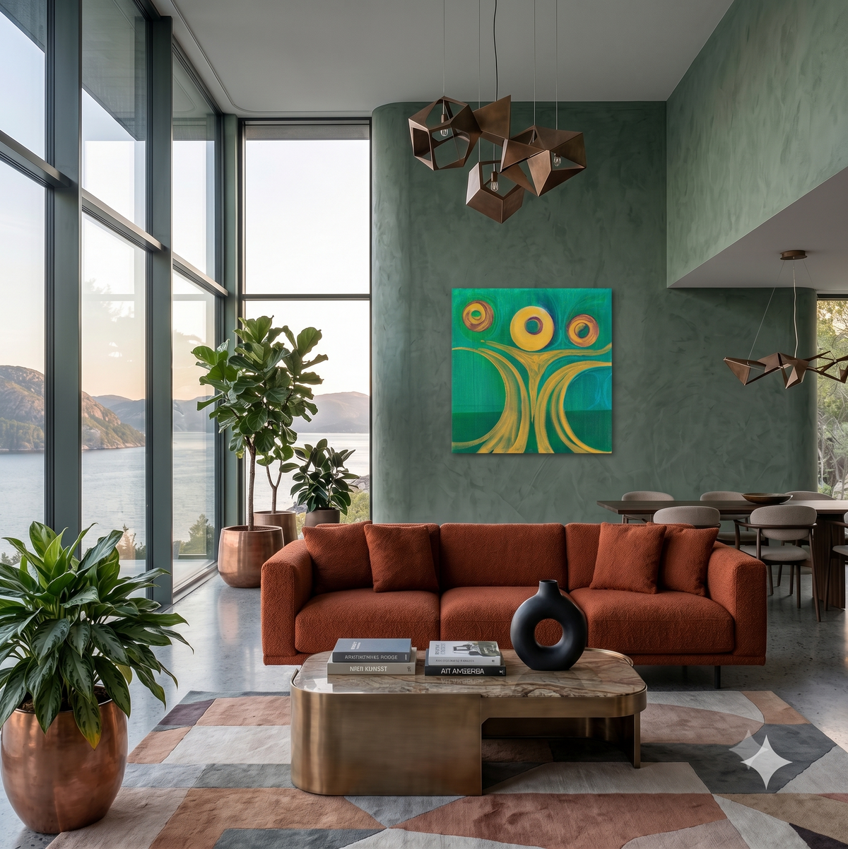 Hollow People and Empty Faces abstract symbolic artwork featuring circular forms, flowing golden lines, and vibrant green tones, displayed as contemporary wall art in a modern living room.