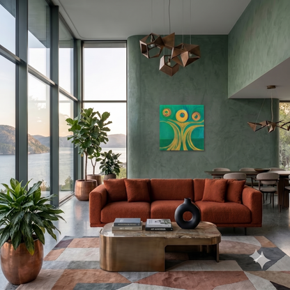 Hollow People and Empty Faces abstract symbolic artwork featuring circular forms, flowing golden lines, and vibrant green tones, displayed as contemporary wall art in a modern living room.