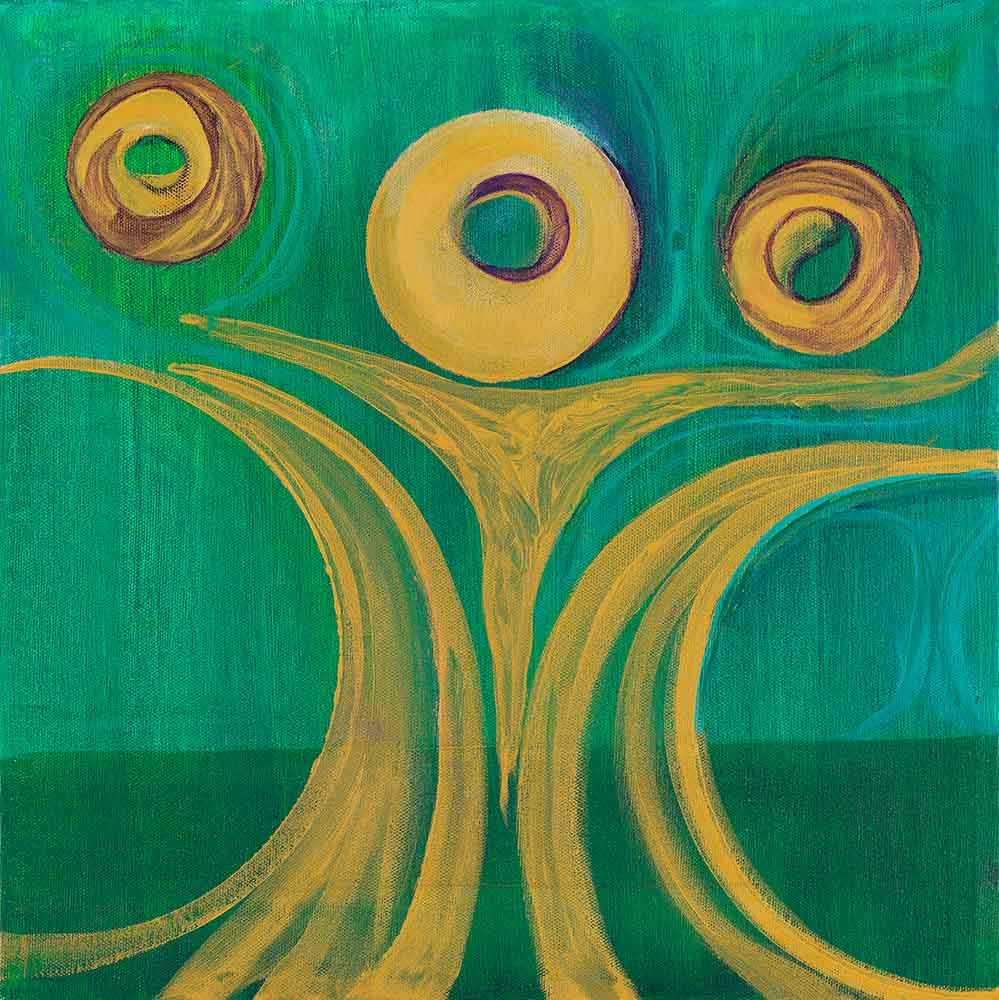 Hollow People and Empty Faces abstract symbolic artwork featuring circular forms, flowing golden lines, and vibrant green tones in a contemporary composition exploring identity, connection, and human presence.