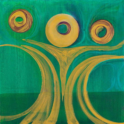 Hollow People and Empty Faces abstract symbolic artwork featuring circular forms, flowing golden lines, and vibrant green tones in a contemporary composition exploring identity, connection, and human presence.