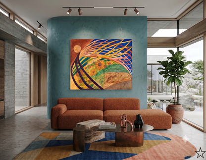 Hopeful abstract artwork featuring golden sunflowers, flowing ribbon-like forms, and vibrant blue, yellow, green, and orange tones, displayed as contemporary wall art in a modern living room.