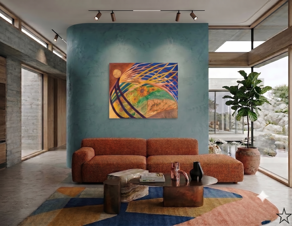 Hopeful abstract artwork featuring golden sunflowers, flowing ribbon-like forms, and vibrant blue, yellow, green, and orange tones, displayed as contemporary wall art in a modern living room.