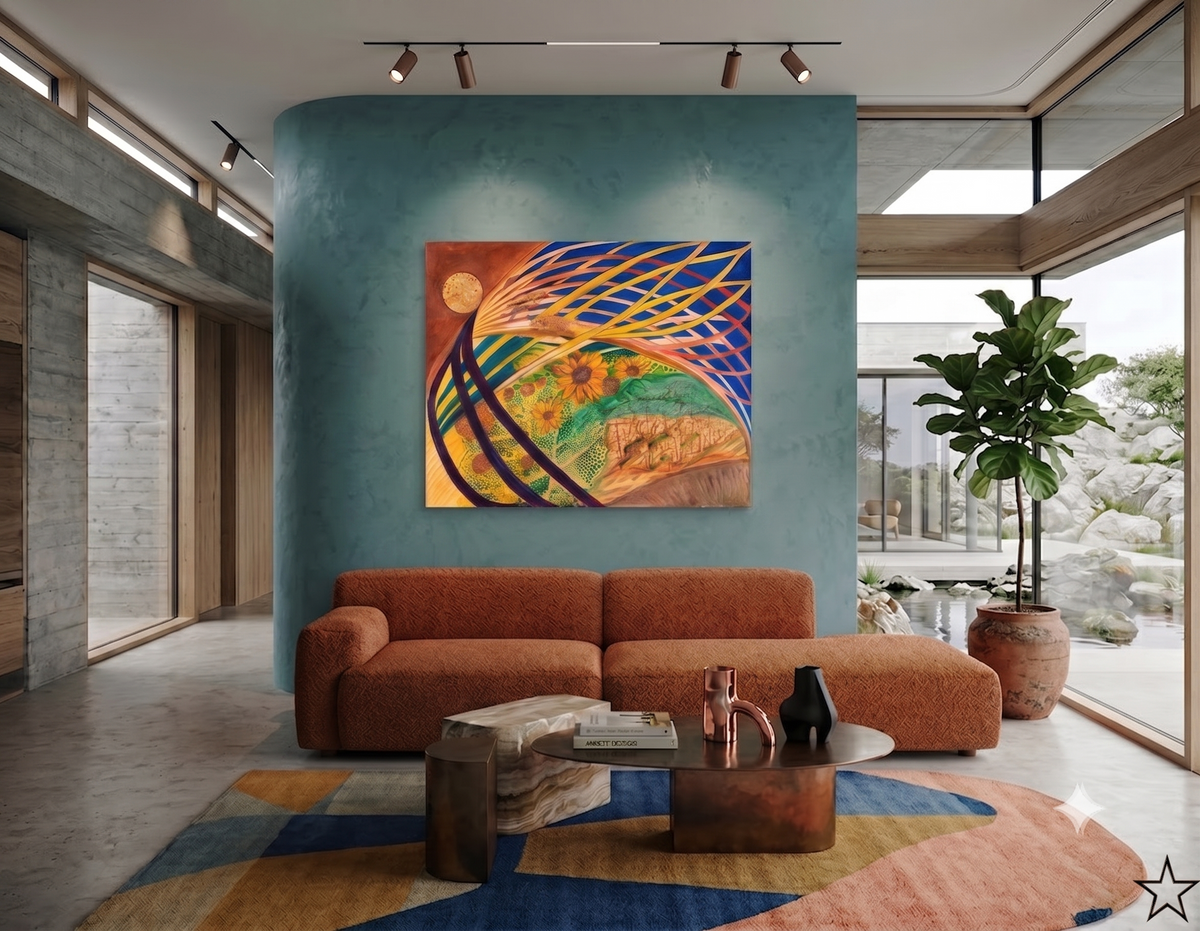 Hopeful abstract artwork featuring golden sunflowers, flowing ribbon-like forms, and vibrant blue, yellow, green, and orange tones, displayed as contemporary wall art in a modern living room.