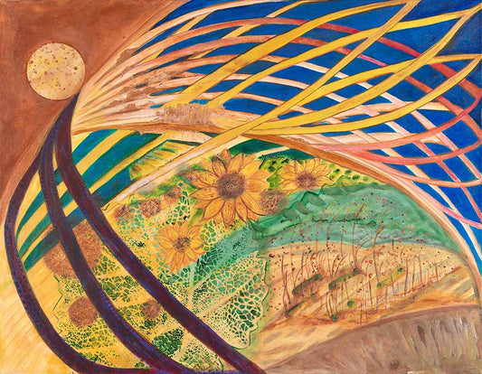 Hopeful abstract artwork featuring golden sunflowers, flowing ribbon-like forms, and vibrant blue, yellow, and green tones in a symbolic contemporary landscape inspired by hope, resilience, and renewal.