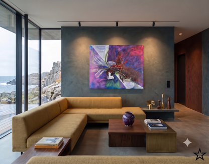 I Know What I Want abstract expressionist artwork featuring dynamic flowing forms, rich purple, blue, and magenta tones with layered organic textures, displayed as contemporary wall art in a modern living room.