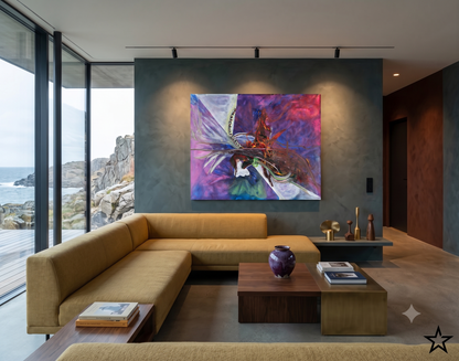 I Know What I Want abstract expressionist artwork featuring dynamic flowing forms, rich purple and blue tones, and layered organic textures, displayed as contemporary wall art in a modern living room.