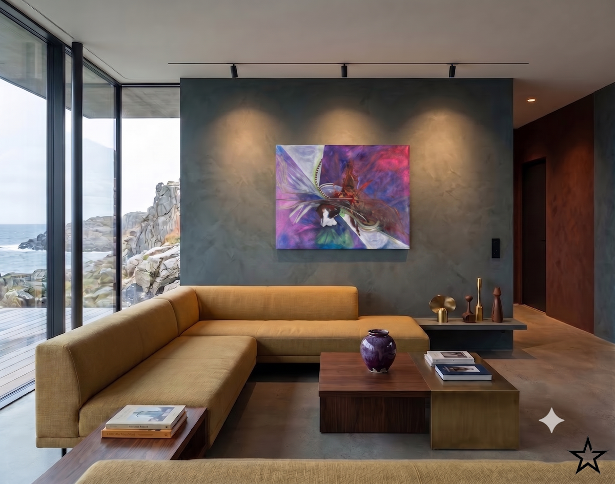 I Know What I Want abstract expressionist artwork featuring dynamic flowing forms, rich purple, blue, magenta, and white tones with layered organic textures, displayed as contemporary wall art in a modern living room.