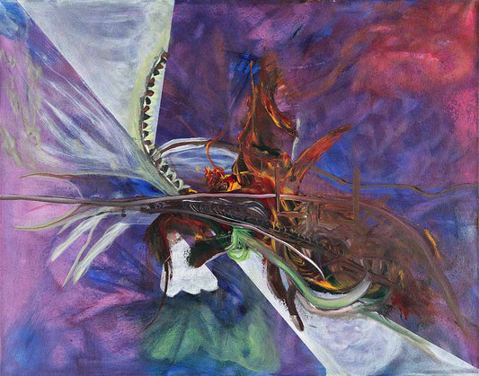 I Know What I Want abstract expressionist artwork featuring dynamic flowing forms, rich purple and blue tones, and layered organic textures in a contemporary composition.