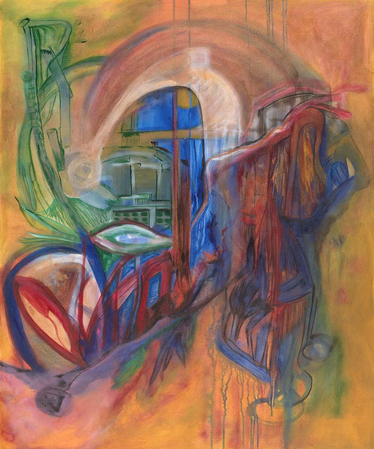 JGE 35 Test abstract expressionist artwork featuring flowing organic forms, layered architectural elements, and vibrant blue, red, green, purple, and gold tones in a symbolic contemporary composition.