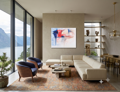 Just Because abstract expressionist artwork featuring sweeping blue and red forms, soft neutral tones, and fluid organic lines, displayed as contemporary wall art in a modern living room.
