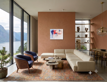 Just Because abstract expressionist artwork featuring sweeping blue and red forms, soft neutral tones, and fluid organic lines, displayed as contemporary wall art in a modern living room.