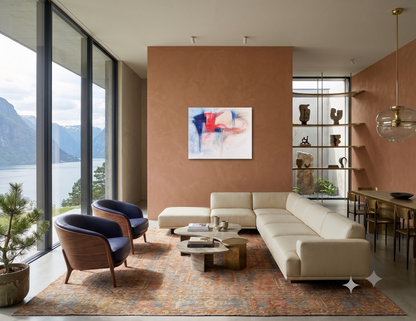 Just Because abstract expressionist artwork featuring sweeping blue and red forms, soft neutral tones, and fluid organic lines, displayed as contemporary wall art in a modern living room.
