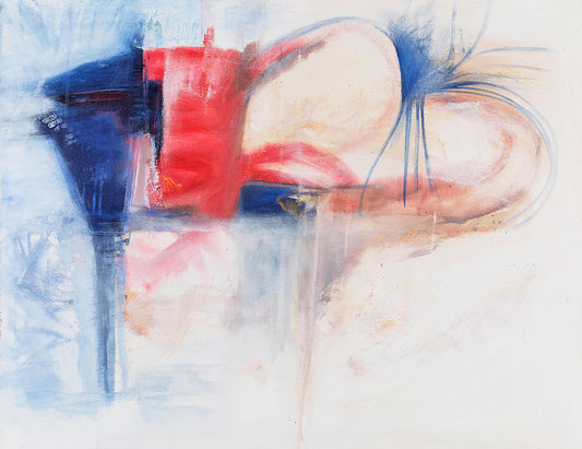 Just Because abstract expressionist artwork featuring sweeping blue and red forms, soft neutral tones, and fluid organic lines in a contemporary minimalist composition.