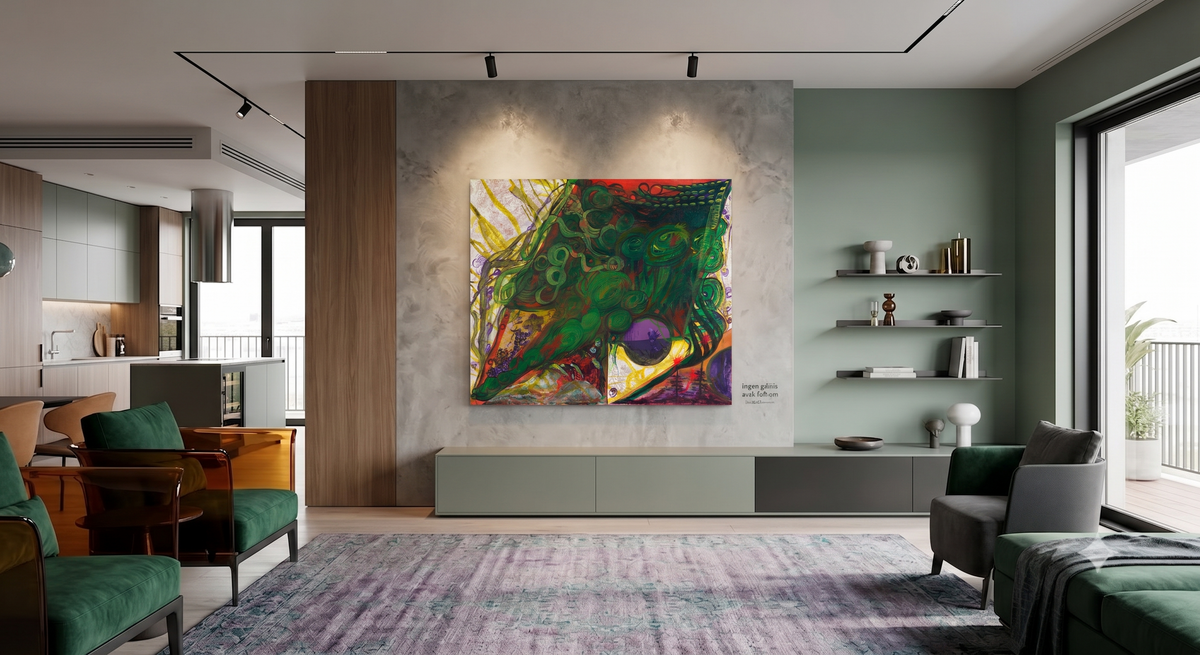 Laughing on My Escape Kite abstract expressionist artwork featuring swirling green organic forms, vibrant red, yellow, purple, and black accents, displayed as contemporary wall art in a modern living room.