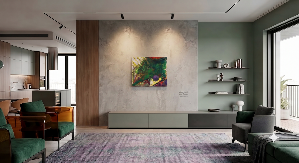 Laughing on My Escape Kite abstract expressionist artwork featuring swirling green organic forms, vibrant red, yellow, purple, and black accents, displayed as contemporary wall art in a modern living room.