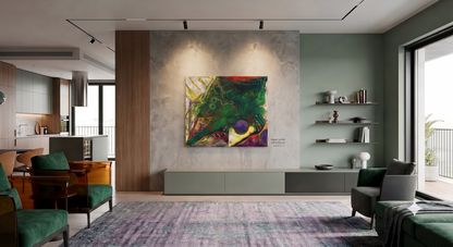 Laughing on My Escape Kite abstract expressionist artwork featuring swirling green organic forms, vibrant red, yellow, purple, and black accents, displayed as contemporary wall art in a modern living room.