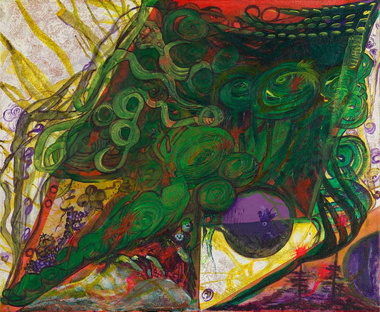 Laughing on My Escape Kite abstract expressionist artwork featuring swirling green organic forms, vibrant red, yellow, purple, and black accents, and layered symbolic elements in a richly textured contemporary composition.